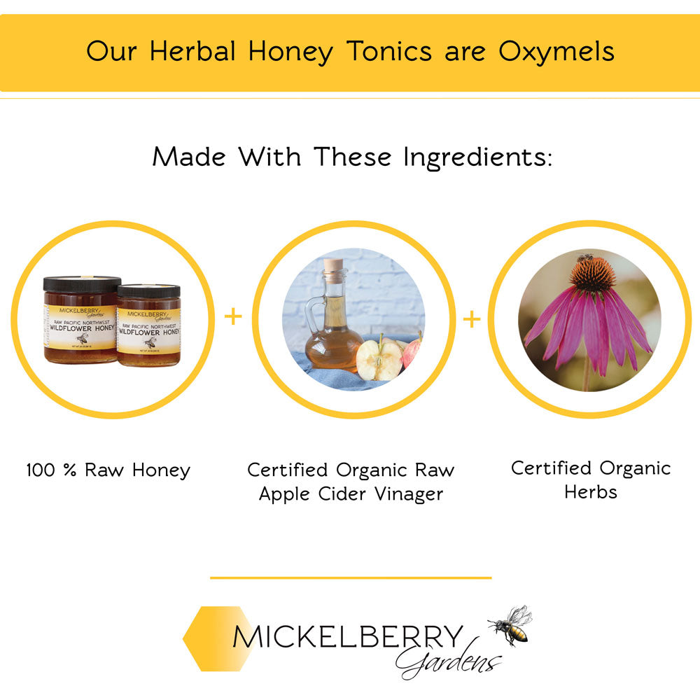 Fermented local bee pollen blended into raw honey oxymel